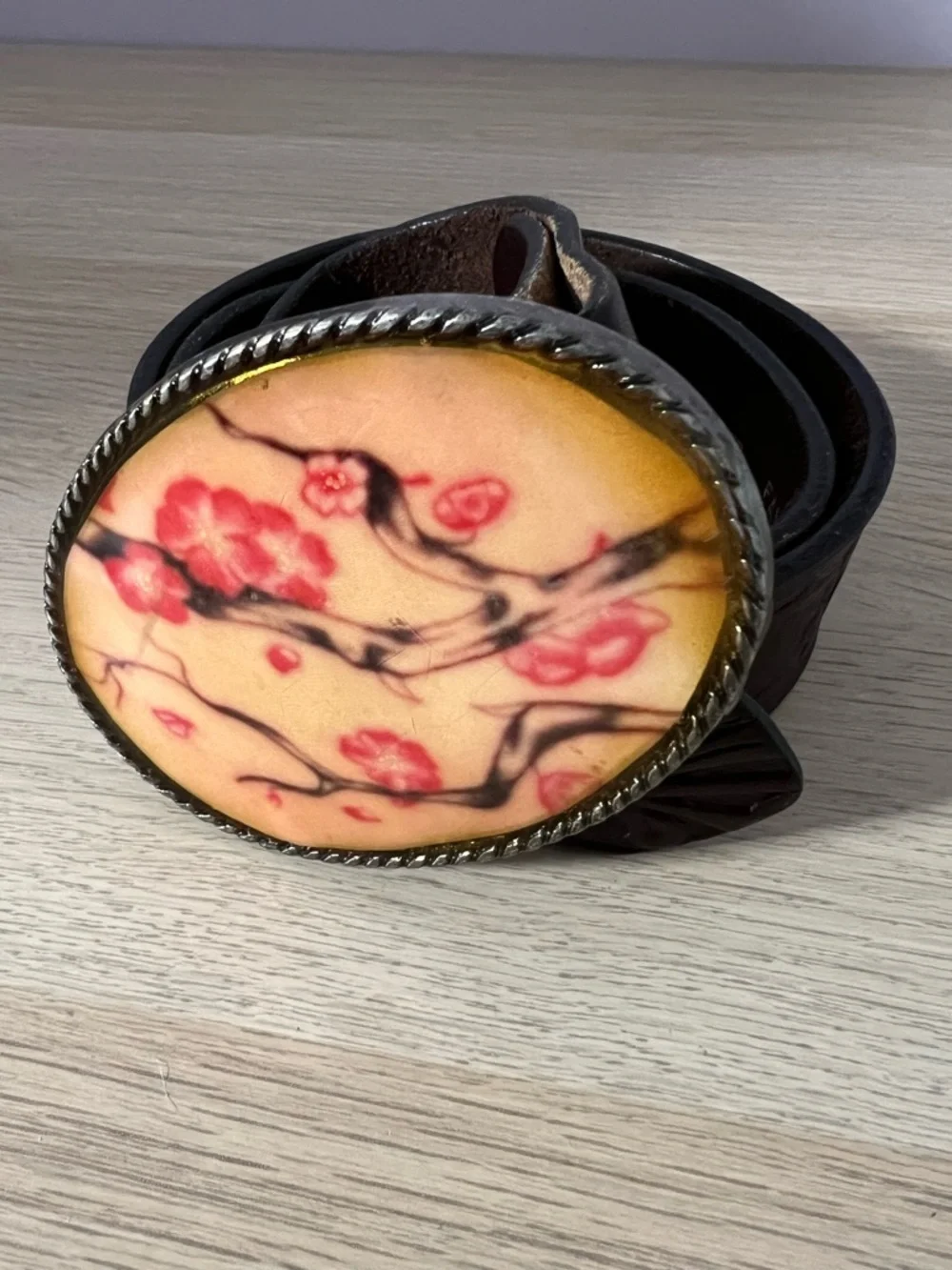 Faithful Designs X IVAN Oval Cherry Blossoms Metal Buckle Tooled Leather Belt XS